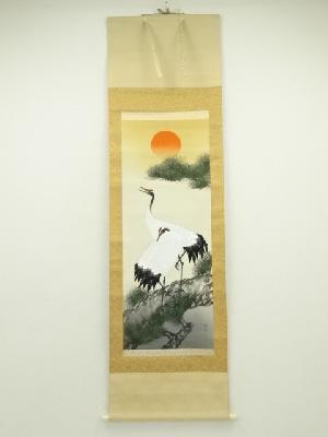 秋峰筆　松上双鶴　肉筆絹本掛軸